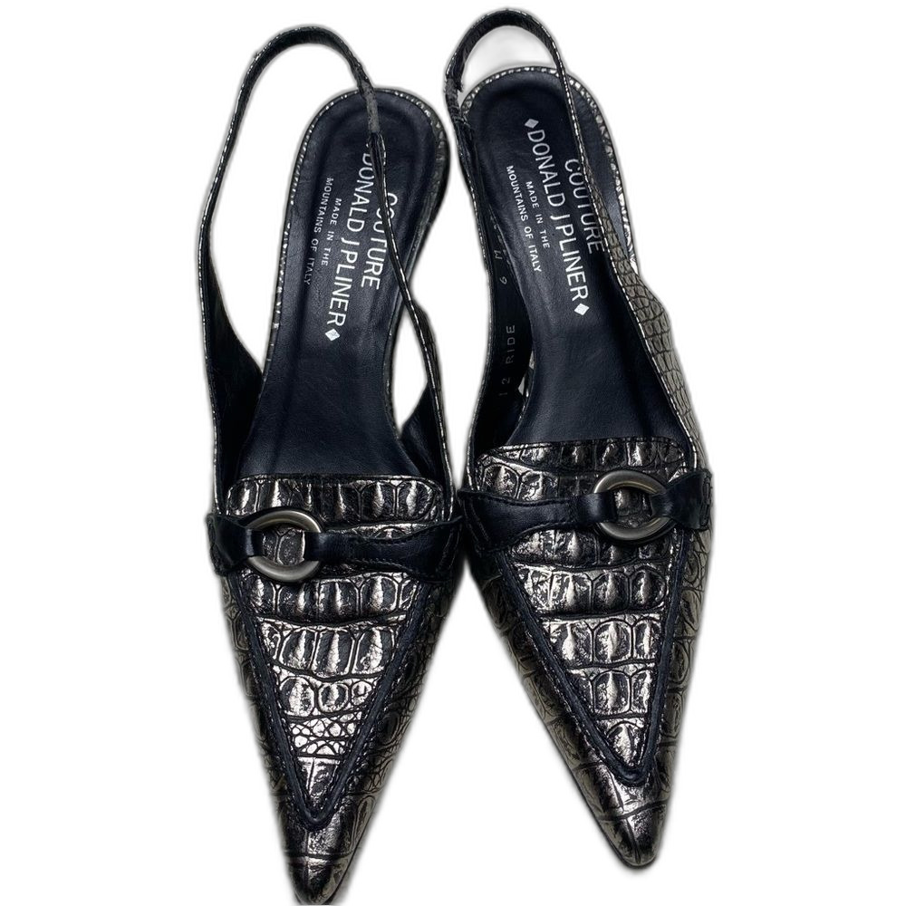 Donald J Pliner Couture Slingback Pointed Embossed Kitten Heel Womens 6 Black